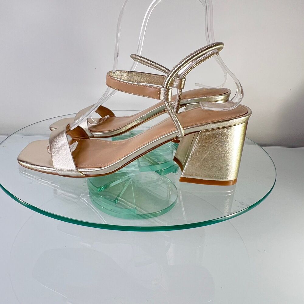Marc Fisher Nabela Heel Sandals Gold Leather Square Toe Ankle Strap - Picture 3 of 5
